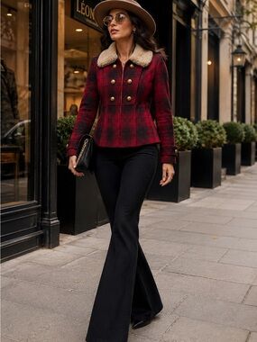 Elevenses Red Plaid Wool Blend Cinched Waist Jacket/ SIZE S